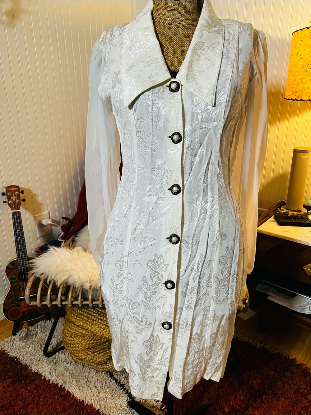 VTG 1980’s cream Floral Jacquard Long-Sleeve Button Front Dress